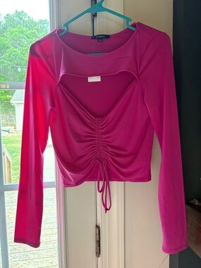 Ambiance Ruched Scoop-Neck Long Sleeve Top - Hot Pink